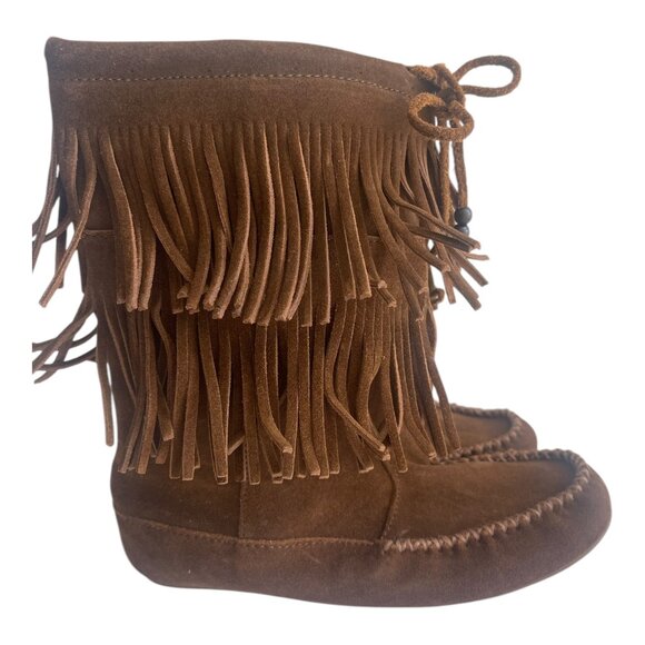 Minnetonka Brown Suede Leather Double Fringe Moccasin Boots Women's Size 6.5 - Picture 6 of 8